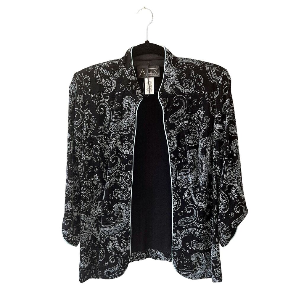 ALEX EVENINGS Women's Sparkly/Metallic Black and Light Blue Jacket USA made L - Picture 1 of 10